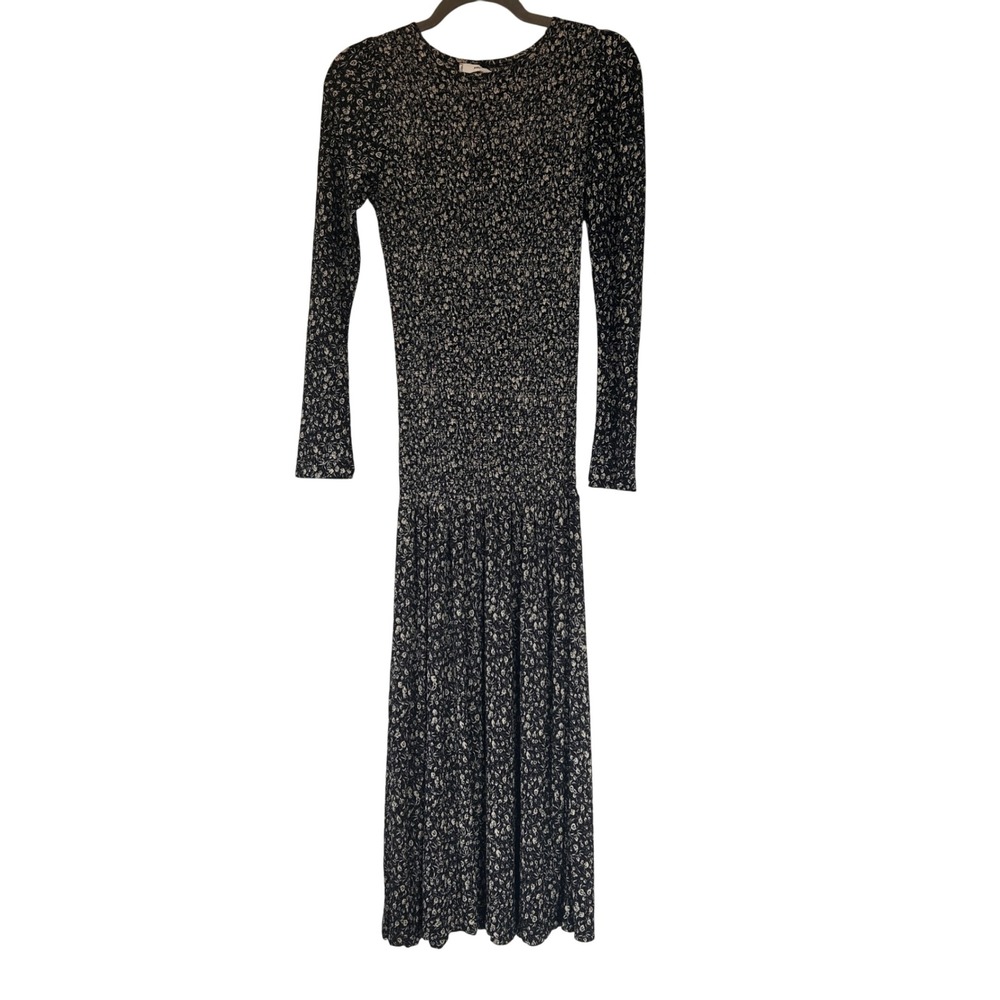 MNG Mango Floral Smocked Long Sleeve Midi Dress Black Cream Size Small